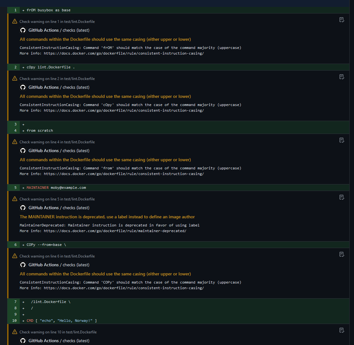Annotations de vérification de compilation GitHub Actions