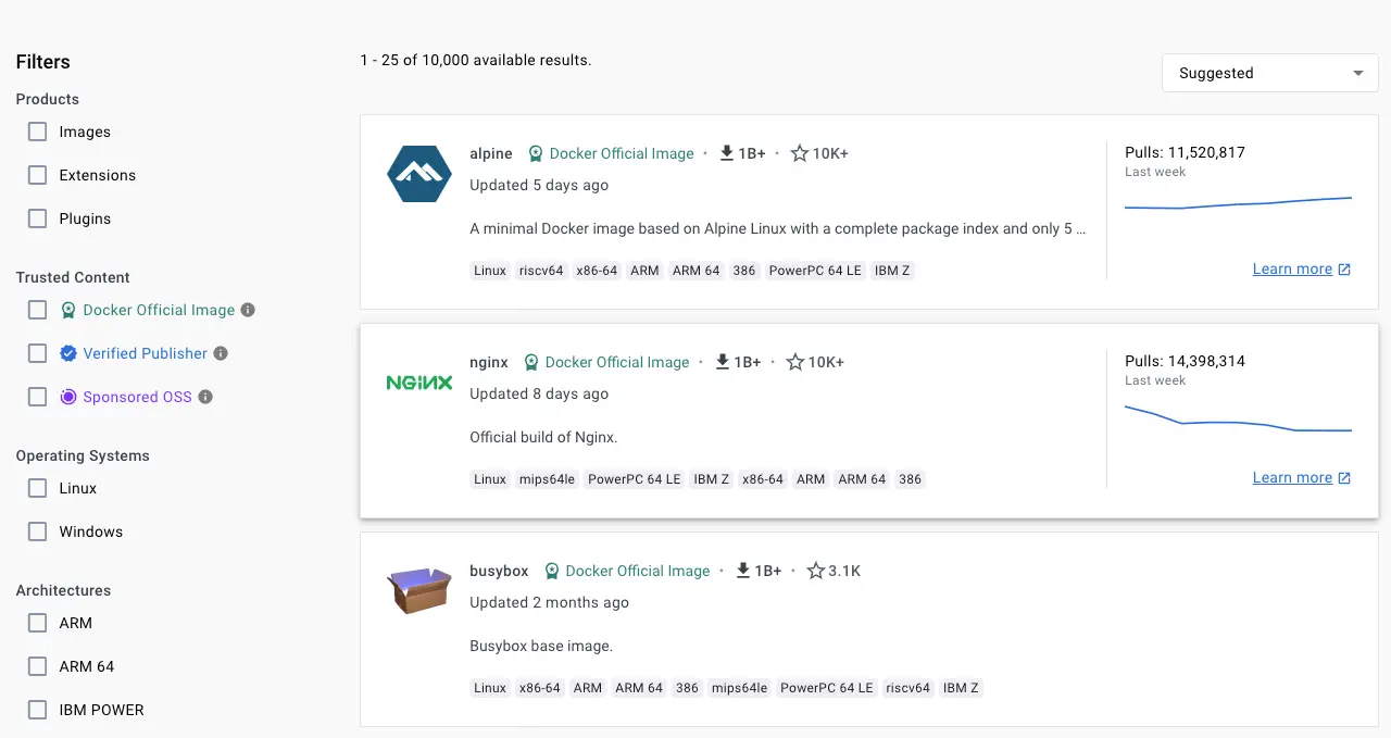 Images officielles et d'éditeur vérifié de Docker Hub