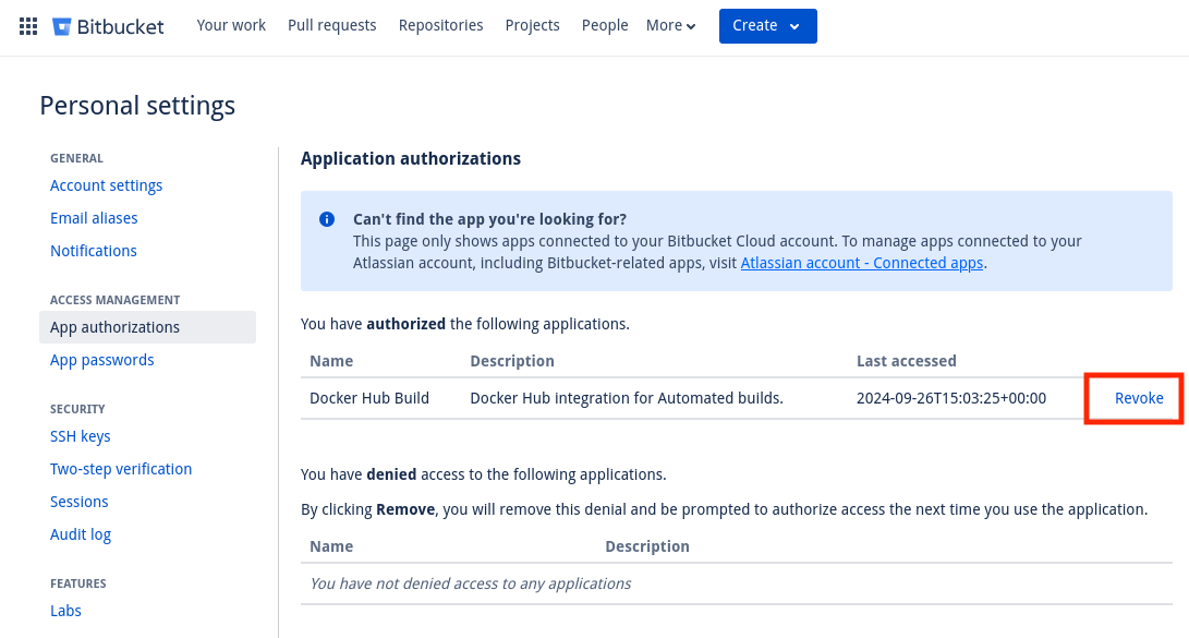 Page de révocation d'autorisation Bitbucket