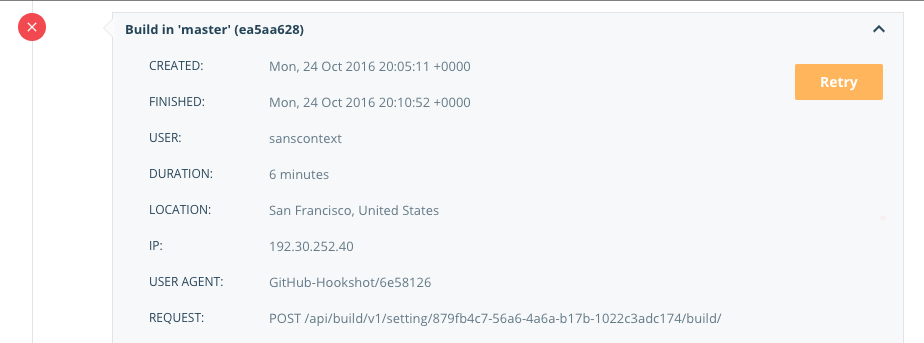 Vue chronologique montrant le bouton de relancement de construction