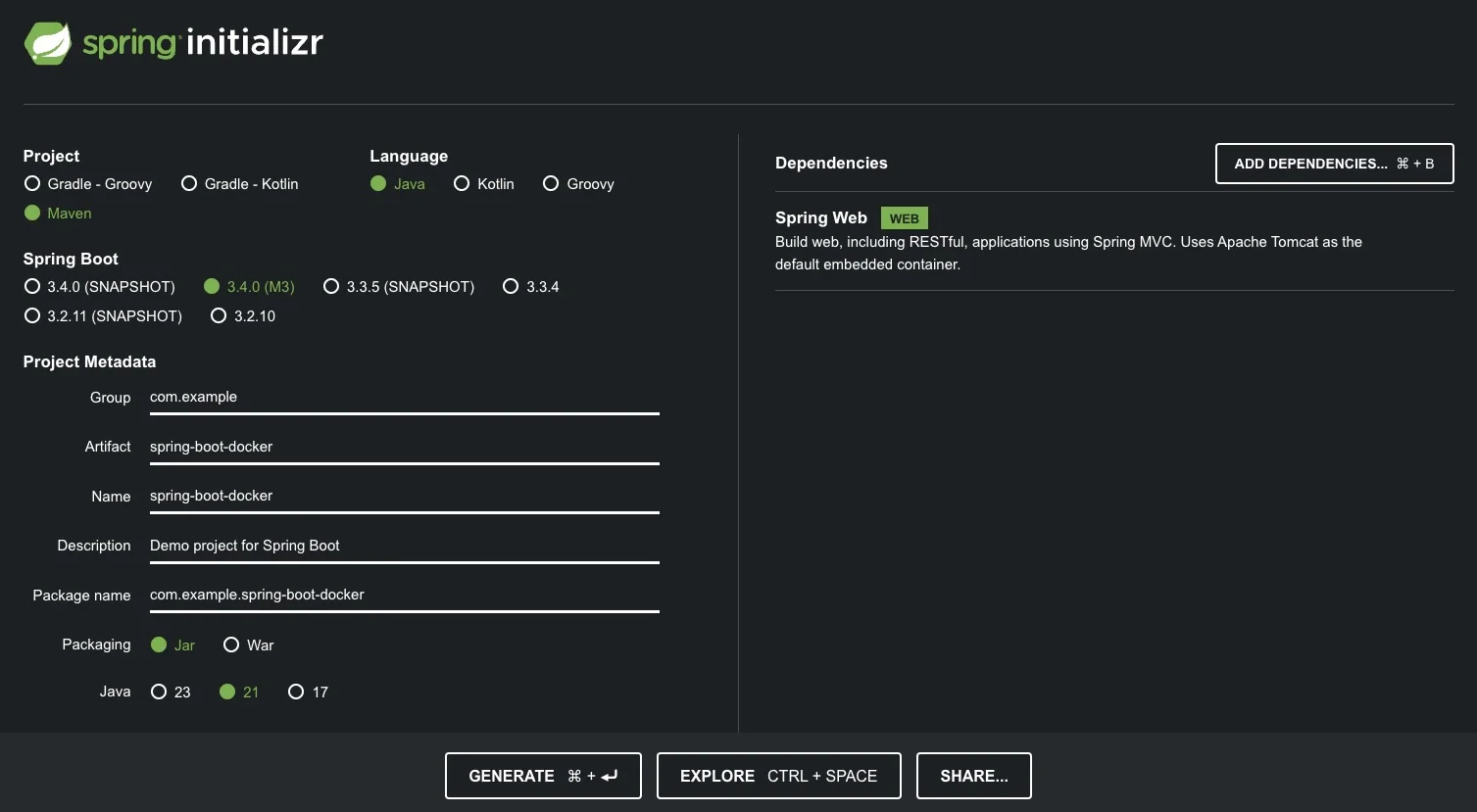 Une capture d'écran de l'outil Spring Initializr sélectionné avec Java 21, Spring Web et Spring Boot 3.4.0