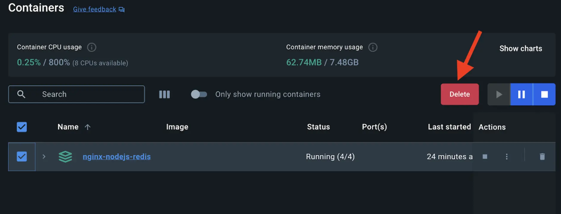Une capture d'écran du tableau de bord de Docker Desktop qui montre comment supprimer les conteneurs que vous avez déployés à l'aide de Docker Compose