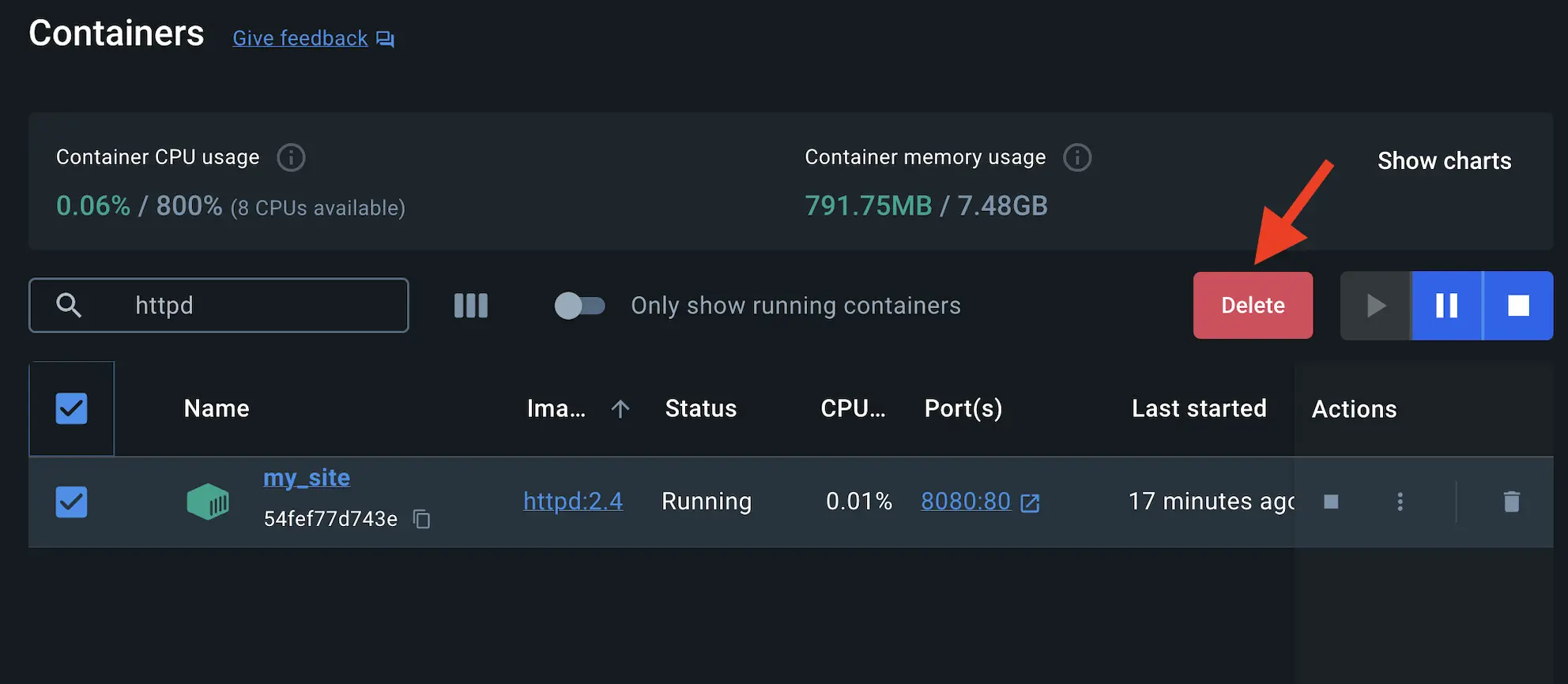 Une capture d'écran du tableau de bord de Docker Desktop montrant comment supprimer le conteneur httpd
