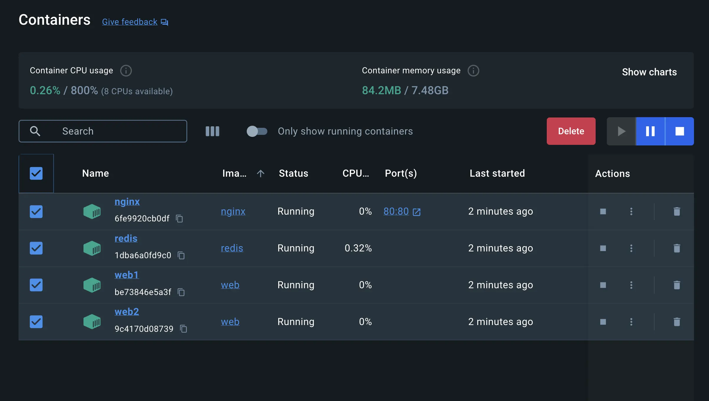 Une capture d'écran du tableau de bord de Docker Desktop montrant comment supprimer les applications multi-conteneurs