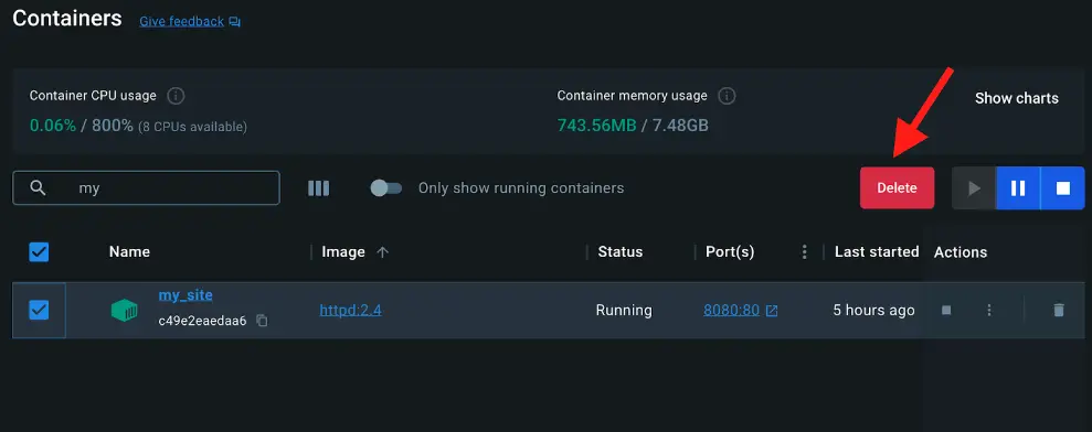 Une capture d'écran du tableau de bord de Docker Desktop montrant comment supprimer le conteneur