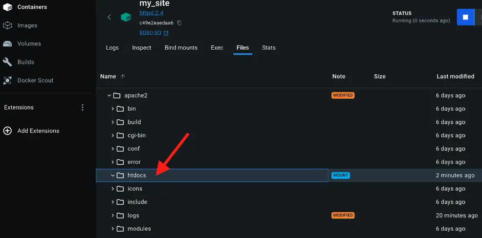 Une capture d'écran du tableau de bord de Docker Desktop montrant les fichiers supprimés à l'intérieur d'un conteneur