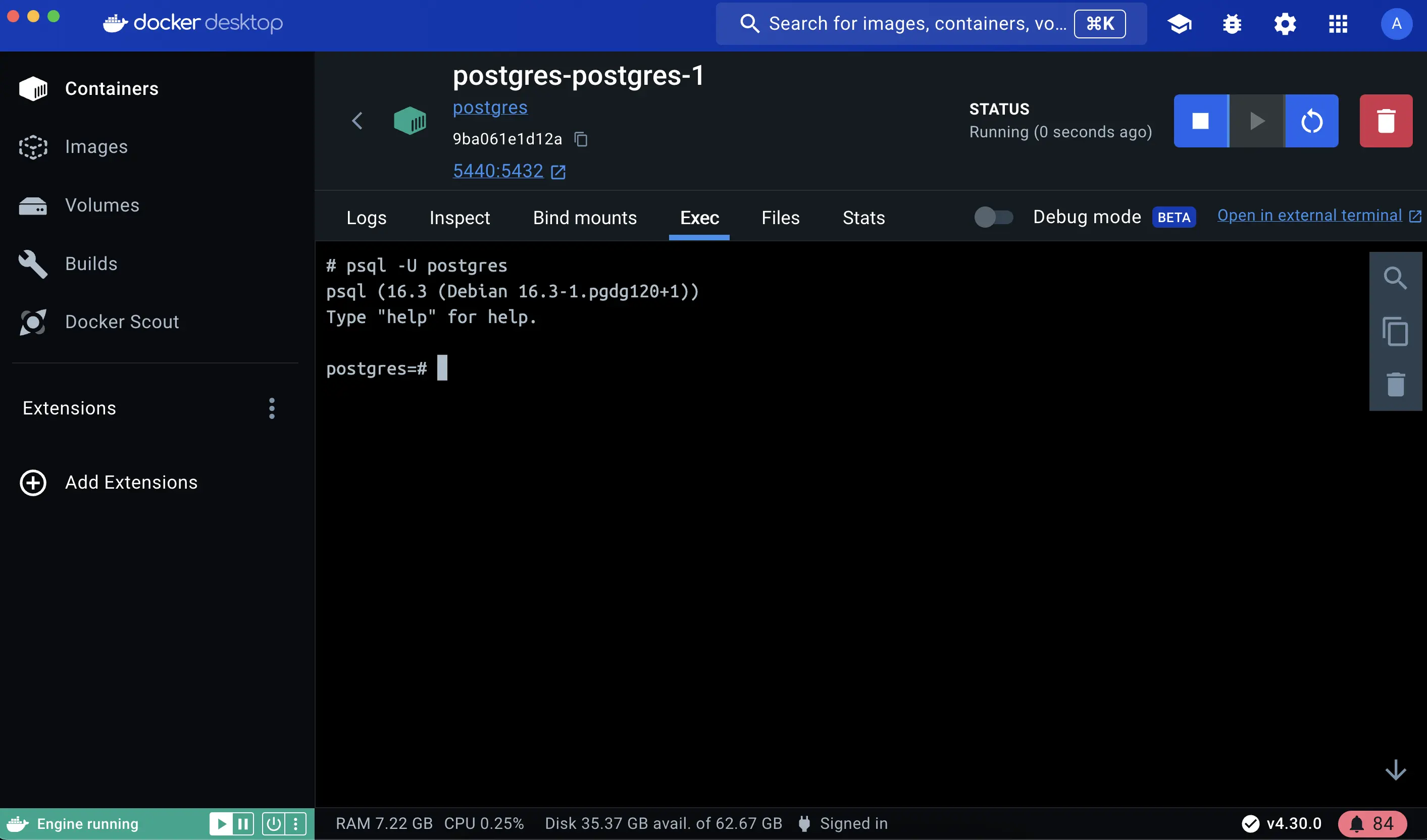 Une capture d'écran du tableau de bord de Docker Desktop sélectionnant le conteneur Postgres et entrant dans son shell à l'aide du bouton EXEC