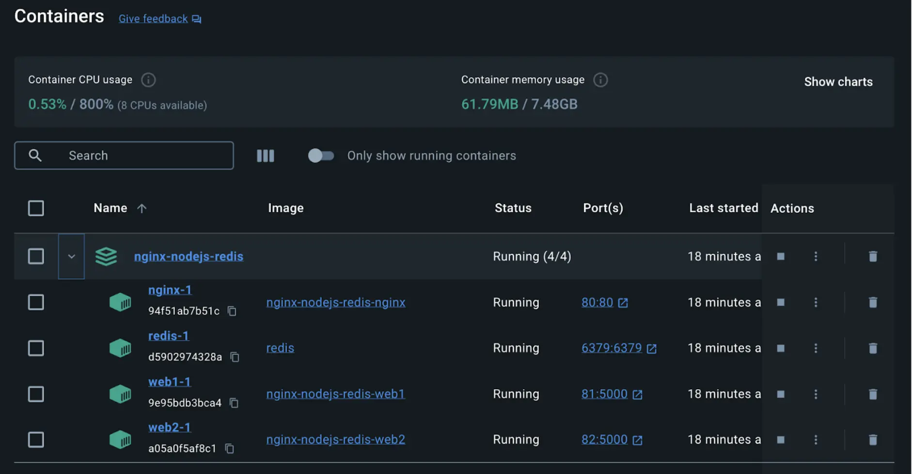 Une capture d'écran du tableau de bord de Docker Desktop montrant les conteneurs de la pile d'applications déployée à l'aide de Docker Compose