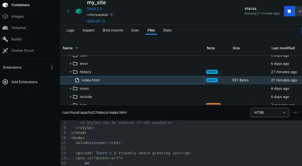 Une capture d'écran du tableau de bord de Docker Desktop montrant les fichiers montés à l'intérieur d'un conteneur