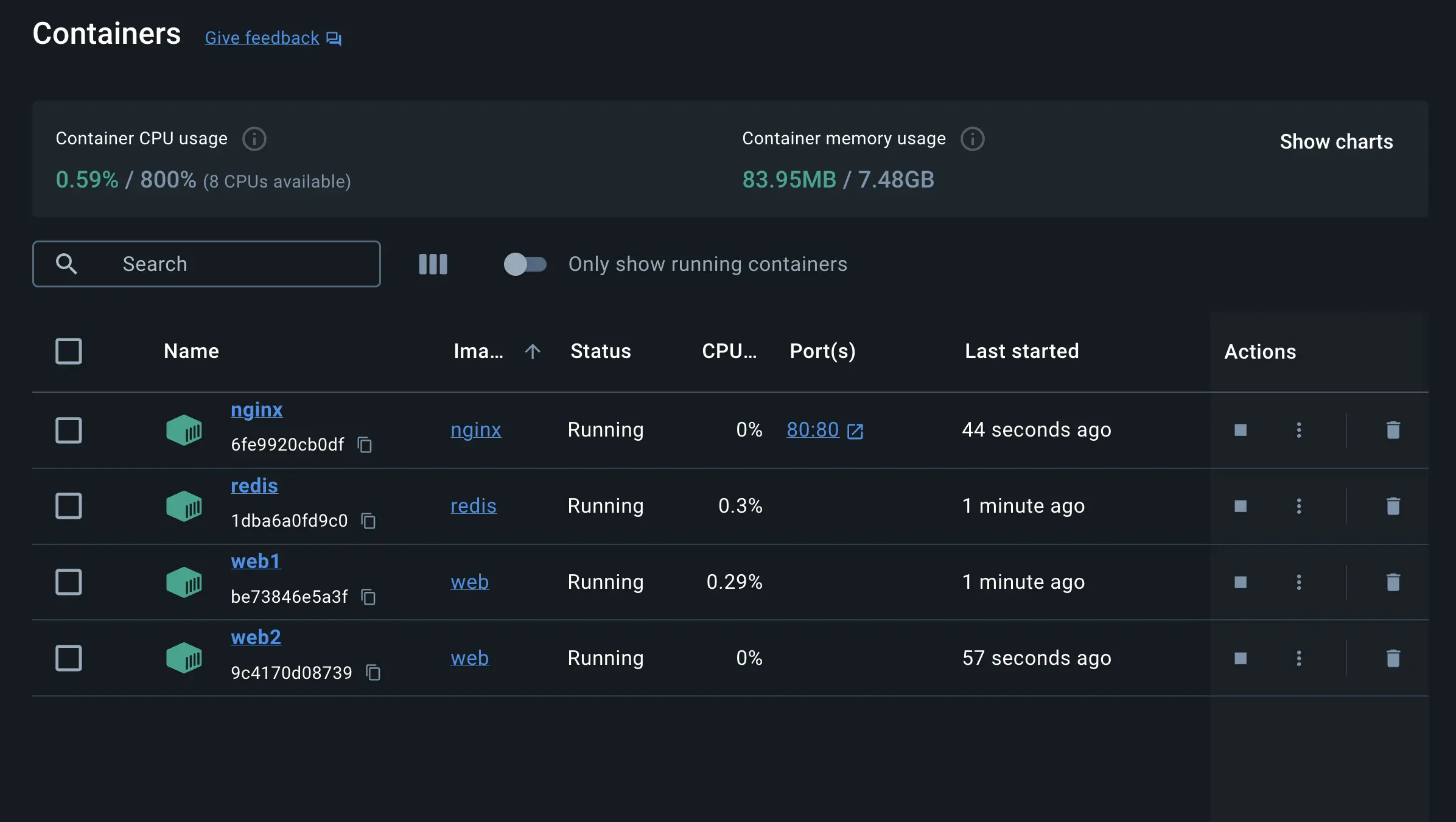 Une capture d'écran du tableau de bord de Docker Desktop montrant les applications multi-conteneurs