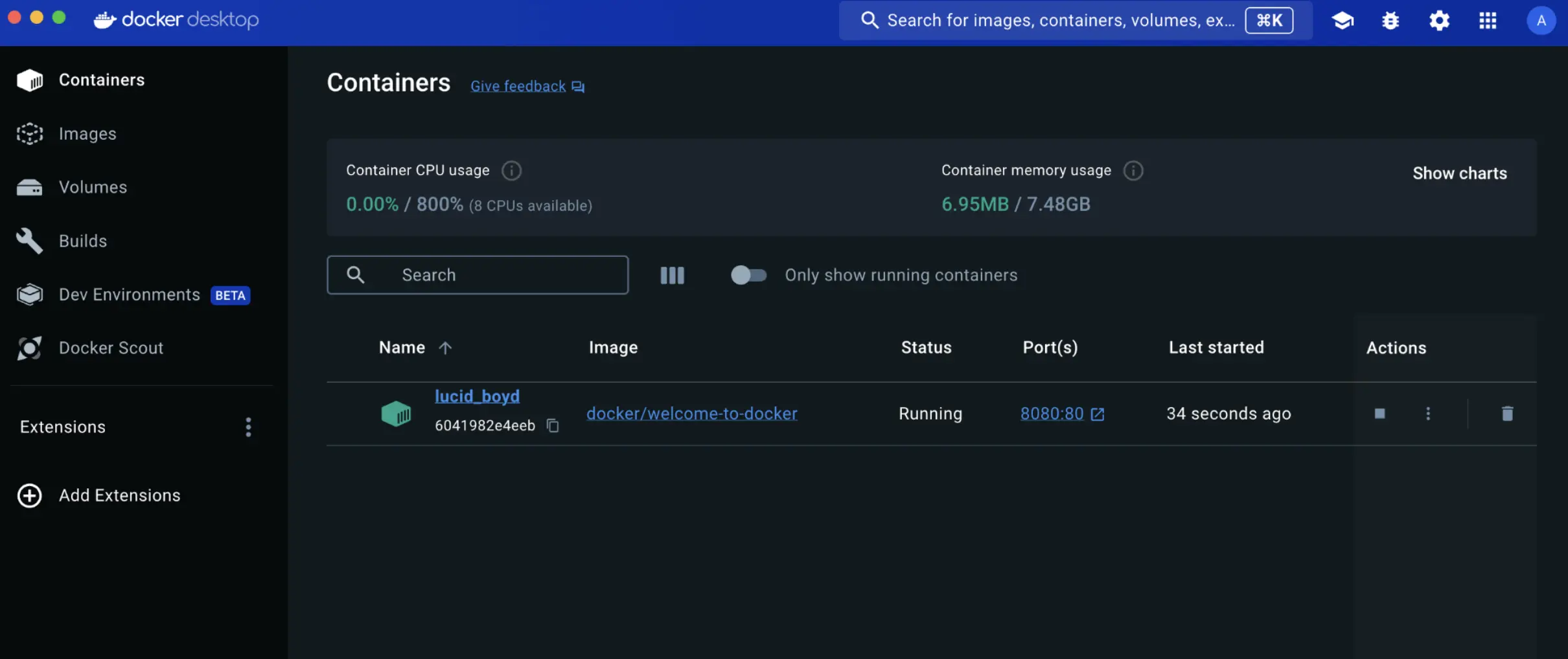Une capture d'écran du tableau de bord de Docker Desktop montrant le port publié