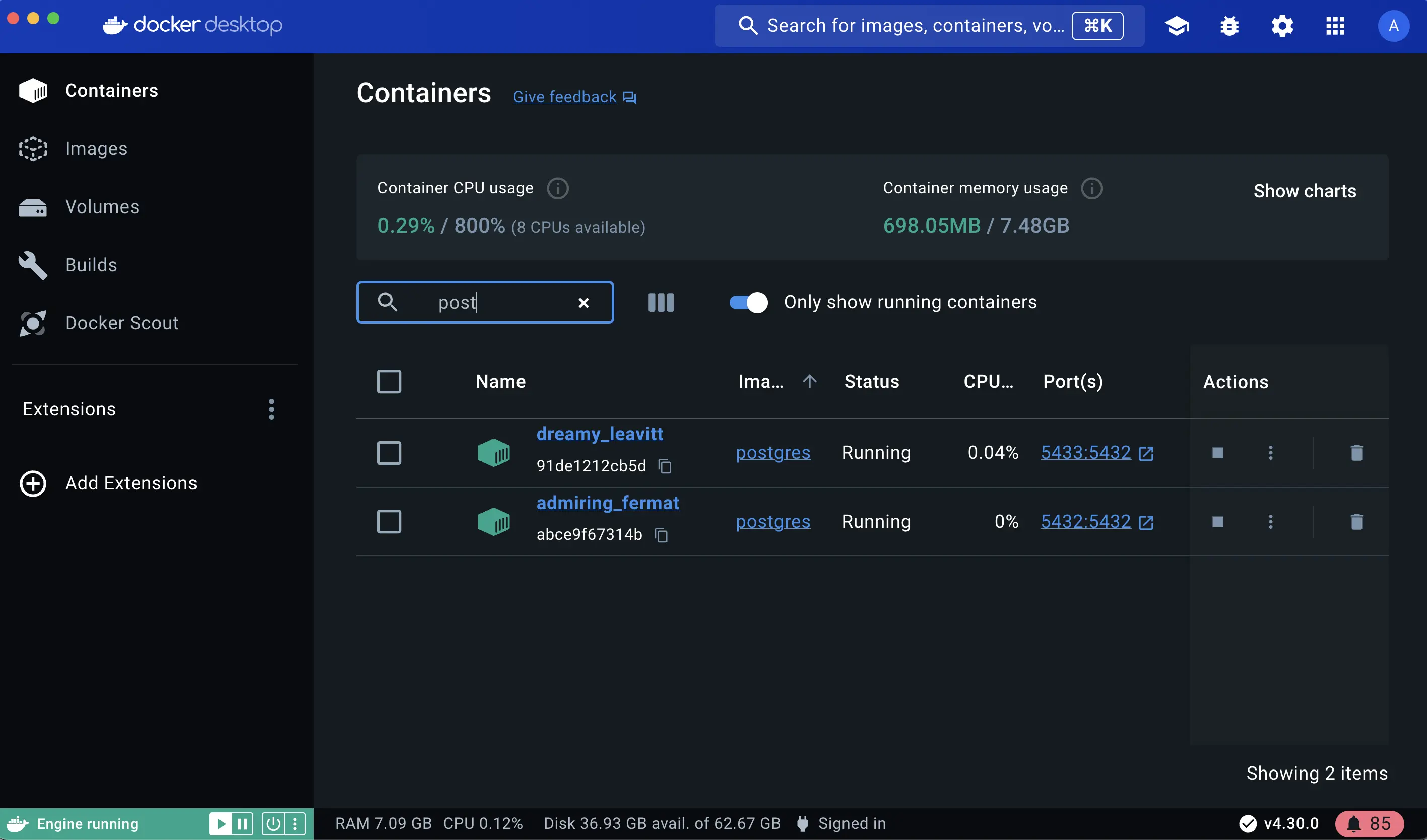 Une capture d'écran du tableau de bord de Docker Desktop montrant les instances en cours d'exécution des conteneurs Postgres