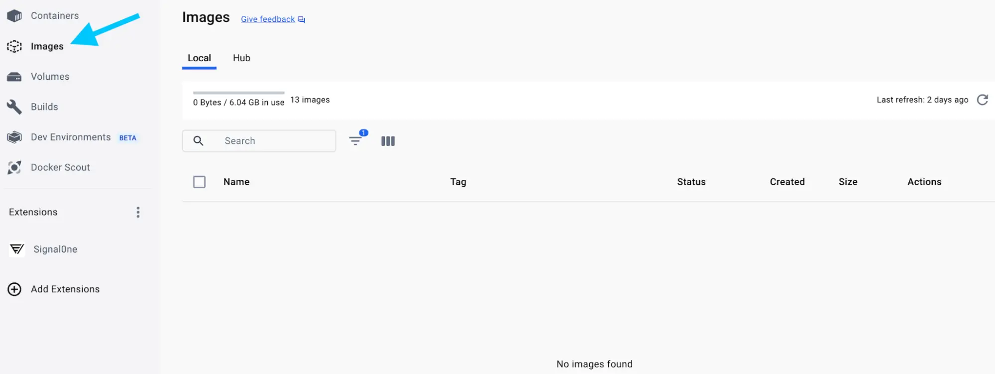 Une capture d'écran du tableau de bord de Docker Desktop montrant la vue des images dans la barre latérale gauche