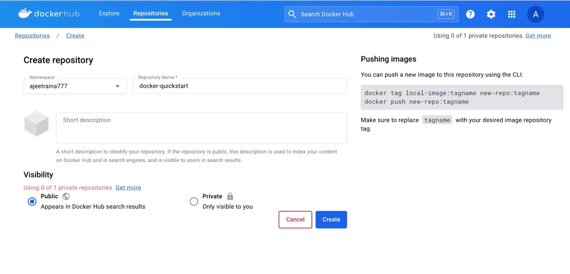 Capture d'écran de la page Docker Hub qui montre comment créer un dépôt public
