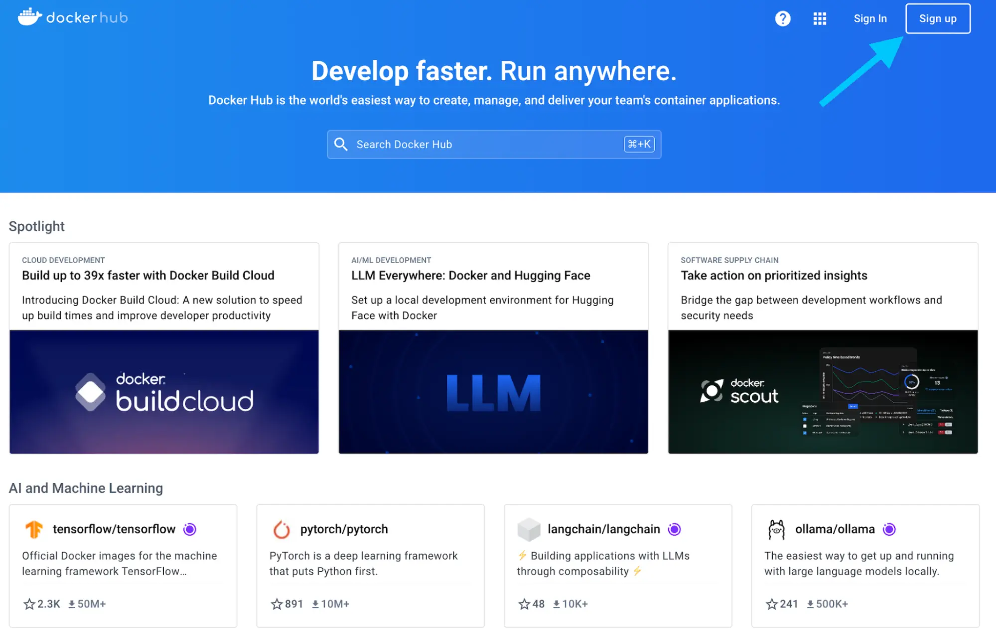 Capture d'écran de la page officielle de Docker Hub montrant la page d'inscription
