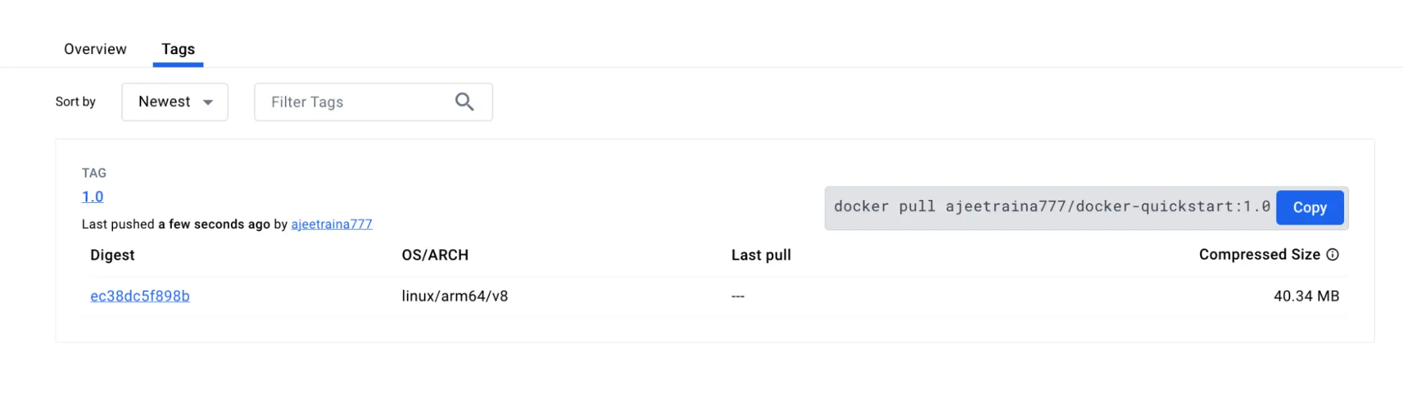 Capture d'écran de la page Docker Hub qui affiche la nouvelle étiquette d'image ajoutée