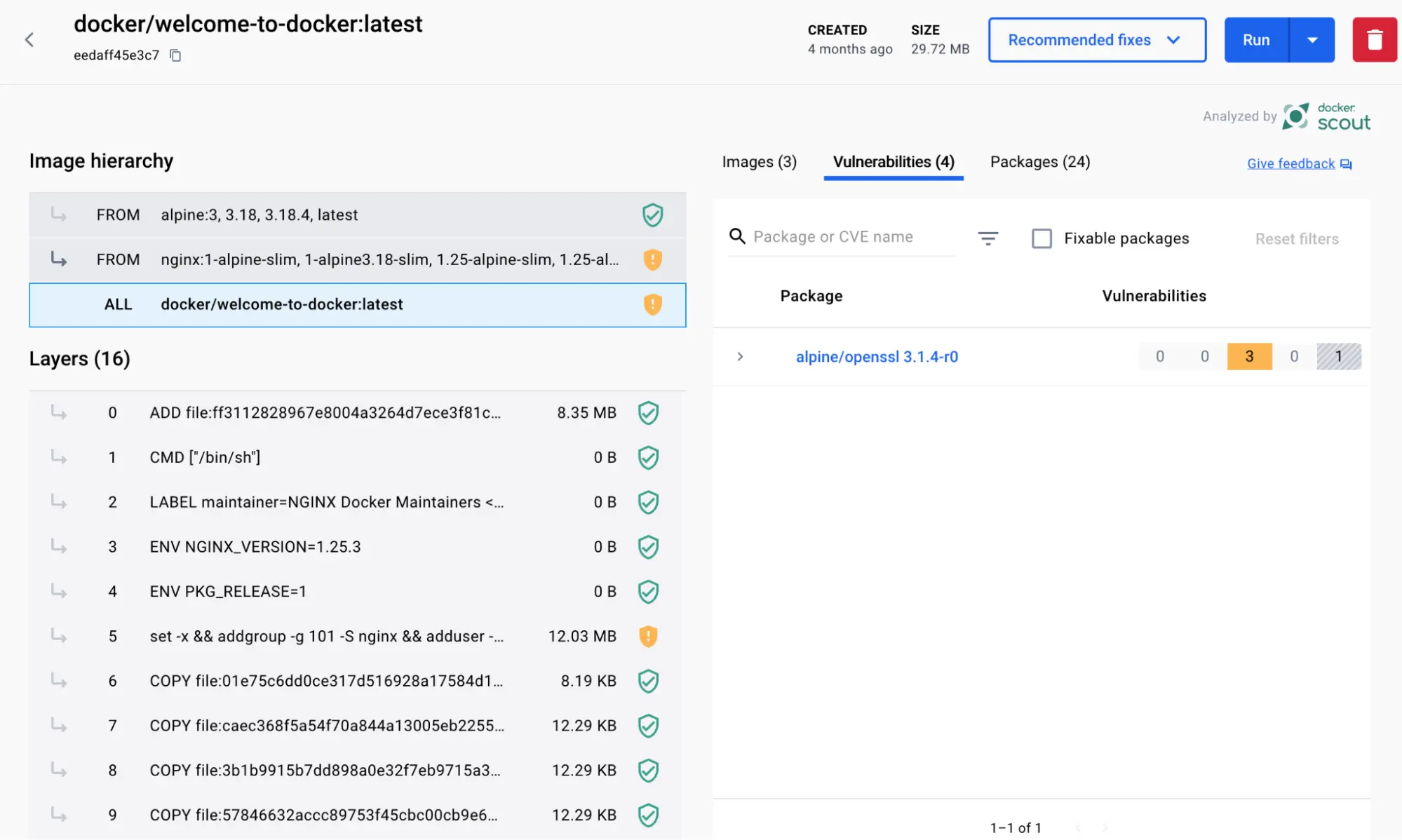 Une capture d'écran de la vue des détails de l'image pour l'image docker/welcome-to-docker