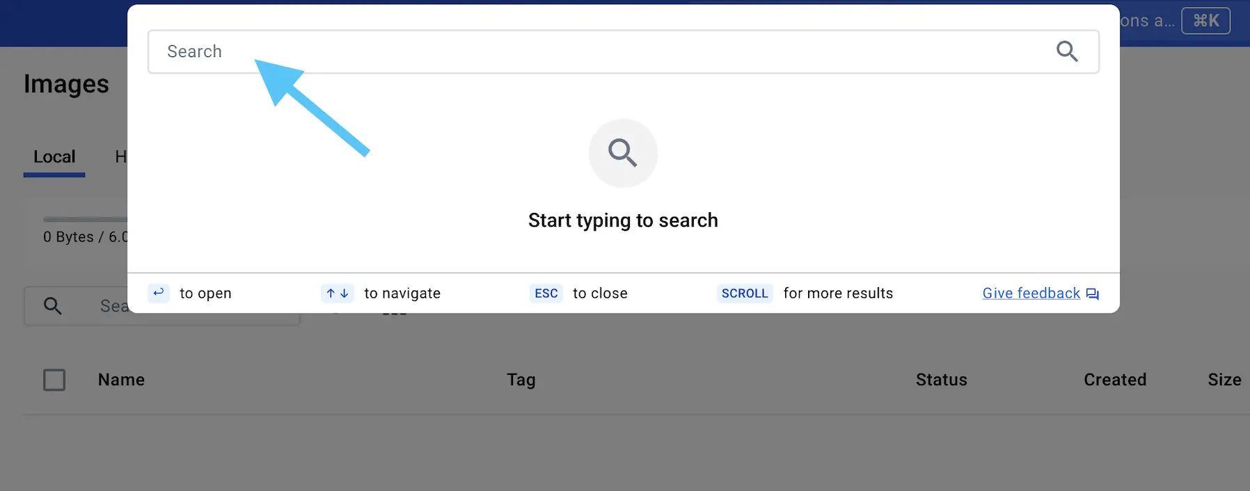 Une capture d'écran du tableau de bord de Docker Desktop montrant l'onglet de recherche