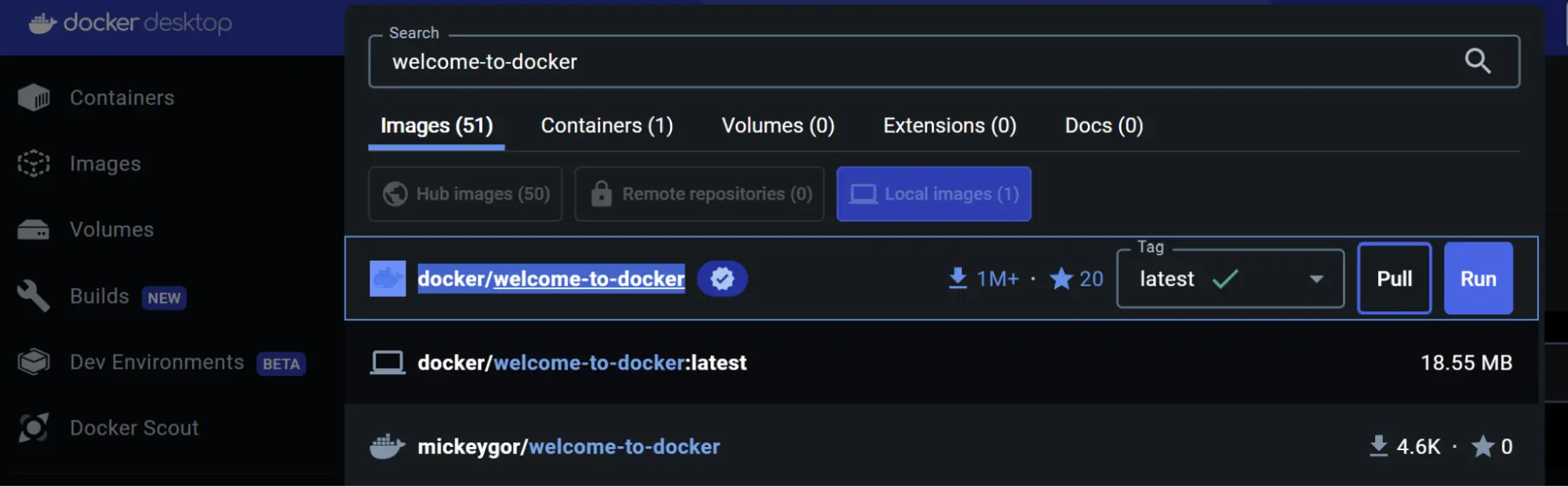 Une capture d'écran du tableau de bord de Docker Desktop montrant le résultat de la recherche pour l'image Docker welcome-to-docker