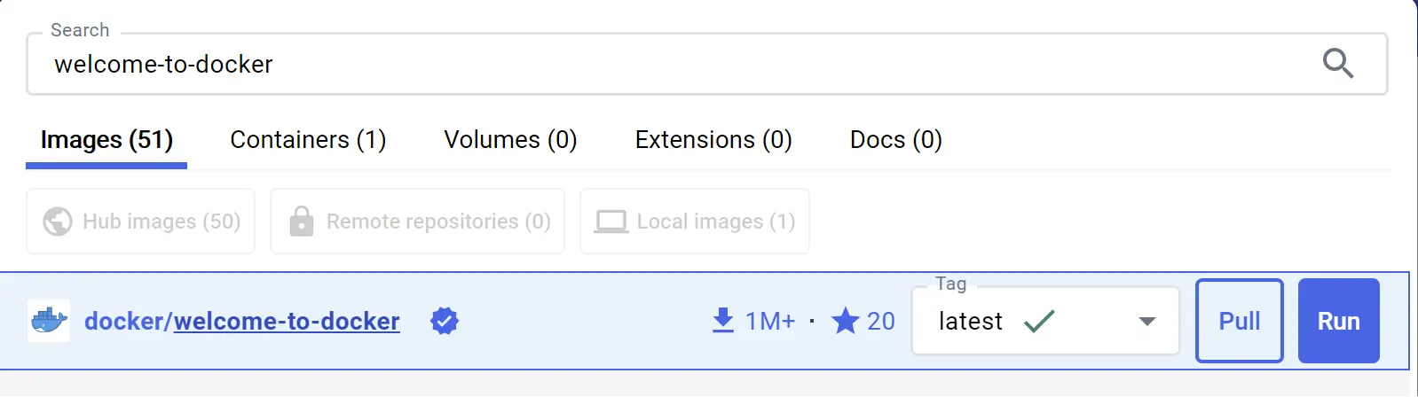 Une capture d'écran du tableau de bord de Docker Desktop montrant les résultats de la recherche pour l'image docker/welcome-to-docker