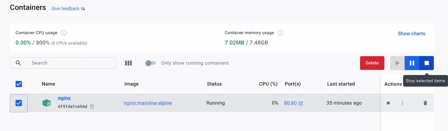Capture d'écran du tableau de bord de Docker Desktop avec le conteneur welcome sélectionné et en cours de préparation à l'arrêt
