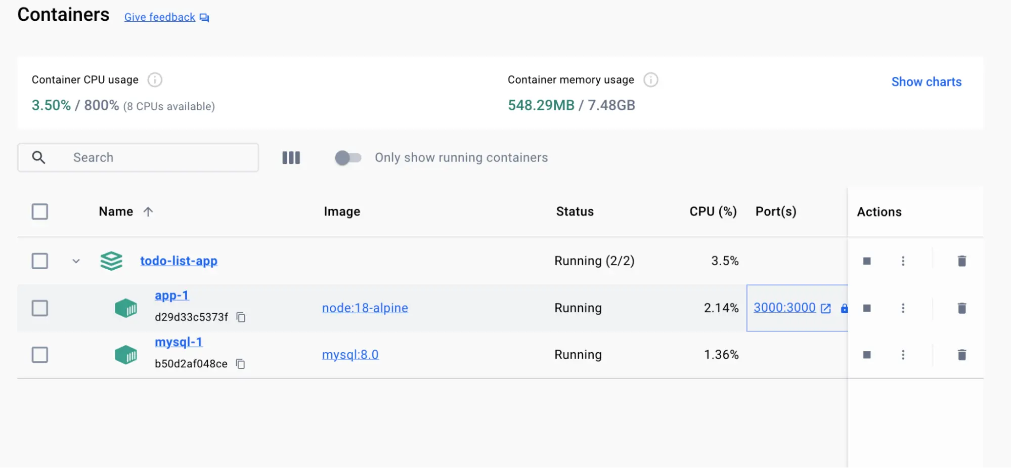 Une capture d'écran du tableau de bord de Docker Desktop montrant la liste des conteneurs exécutant l'application de liste de tâches