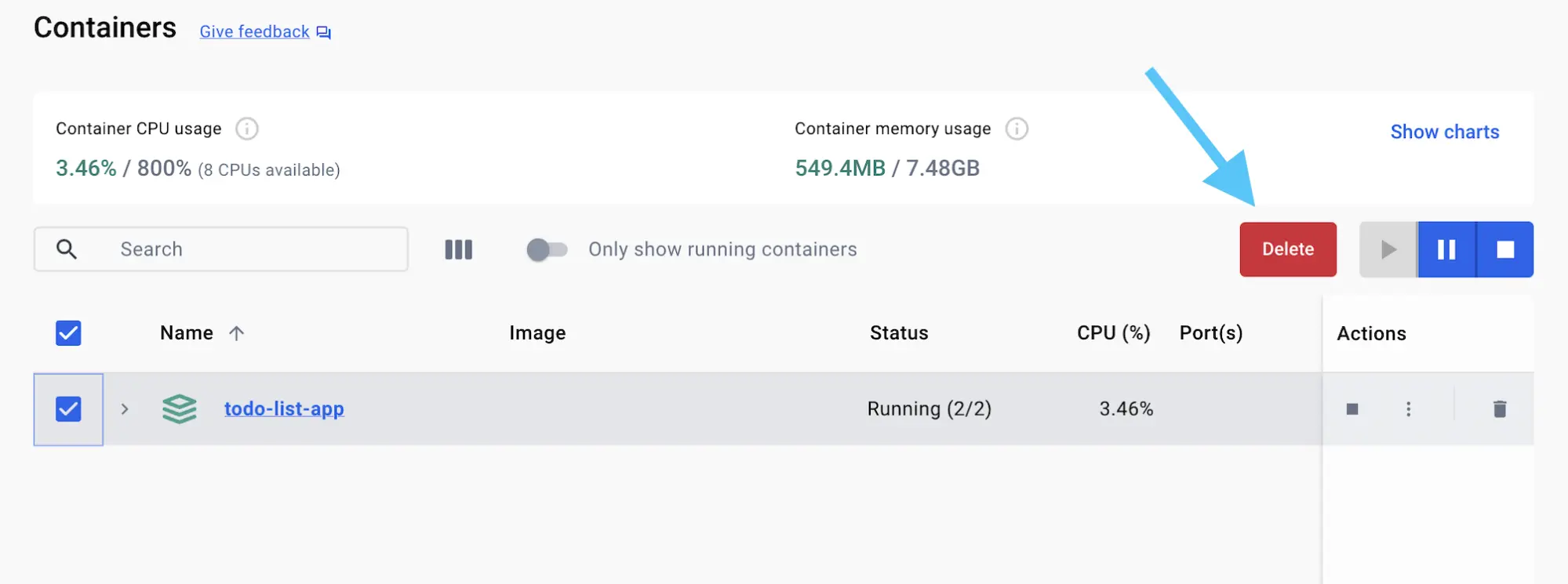 Une capture d'écran de l'interface graphique de Docker Desktop montrant la vue des conteneurs avec une flèche pointant vers le bouton "Supprimer"