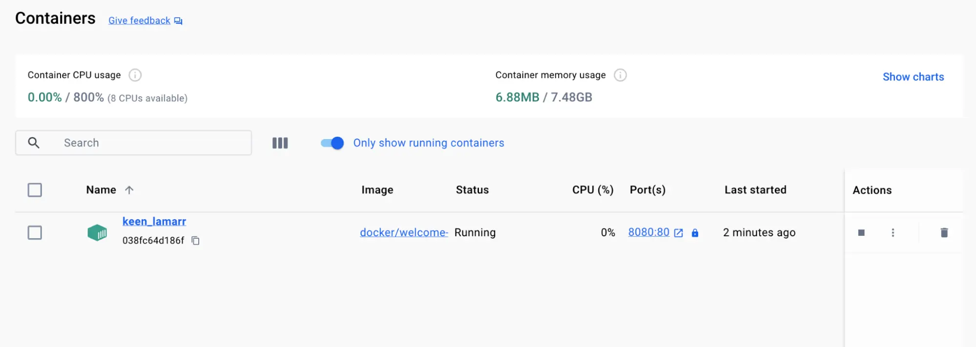Capture d'écran de la vue des conteneurs de l'interface graphique de Docker Desktop montrant le conteneur welcome-to-docker en cours d'exécution sur le port hôte 8080
