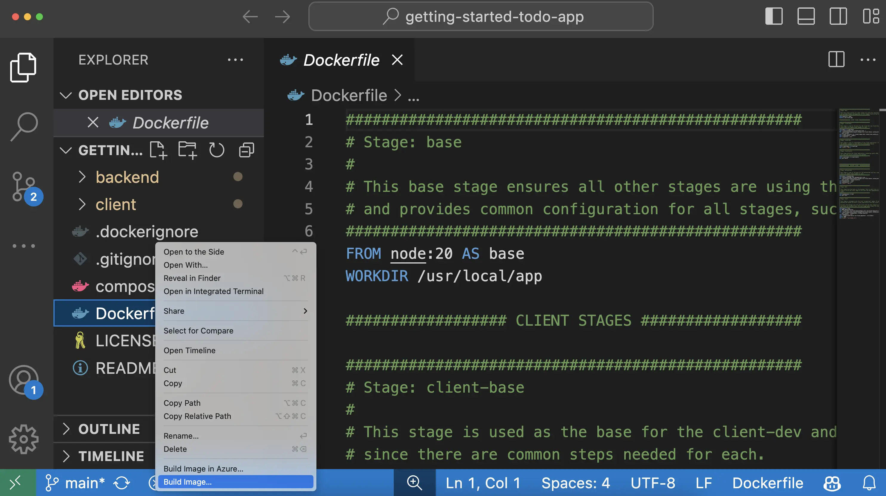 Capture d'écran de VS Code montrant le menu clic droit et l'élément de menu "Construire l'image"