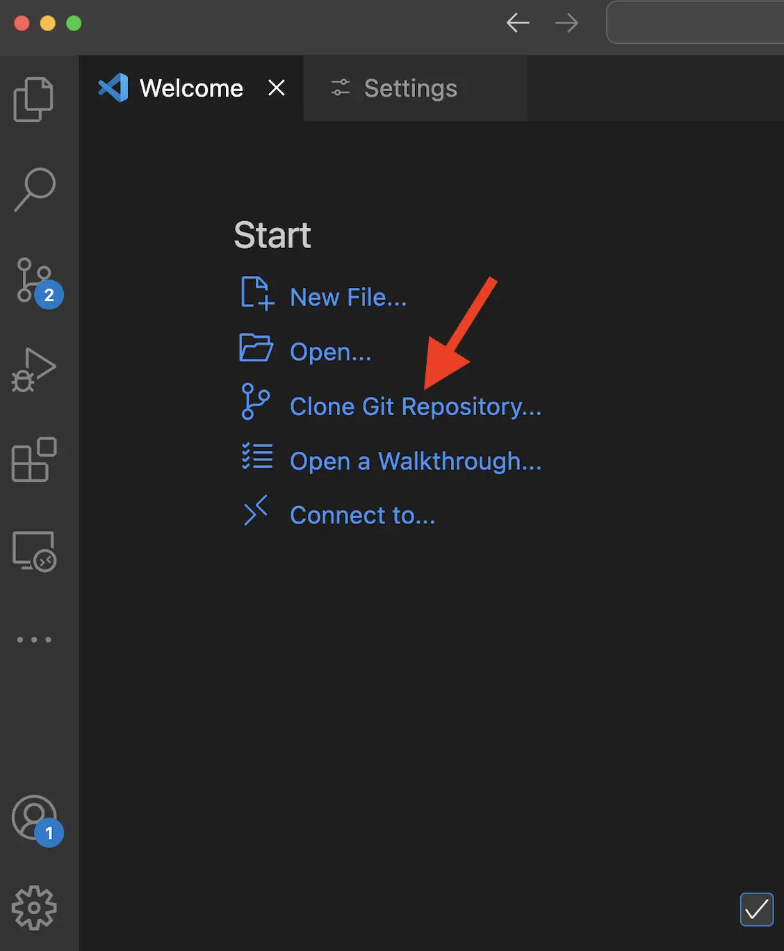 Capture d'écran de VS code montrant comment cloner un dépôt