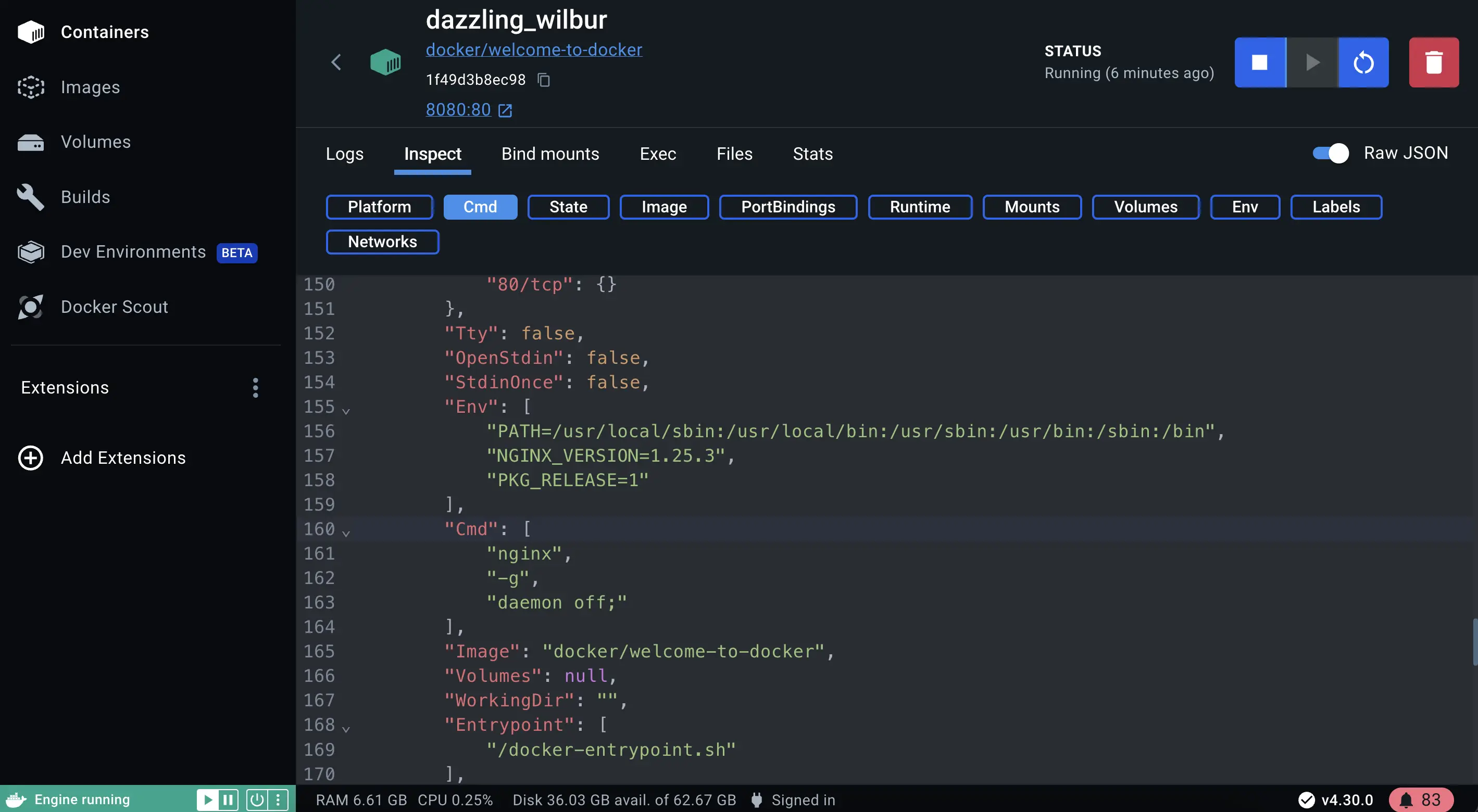 Capture d'écran d'inspection du conteneur en cours d'exécution dans Docker Desktop