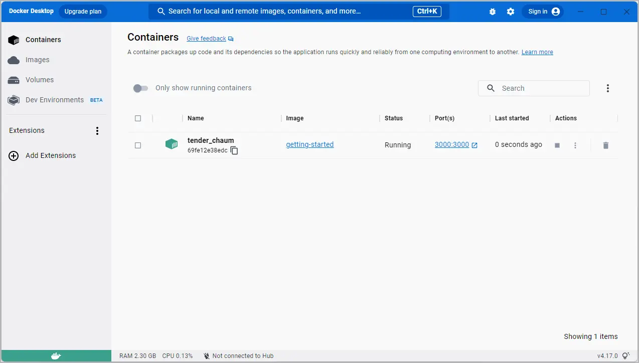 Docker Desktop avec le conteneur get-started en cours d'exécution