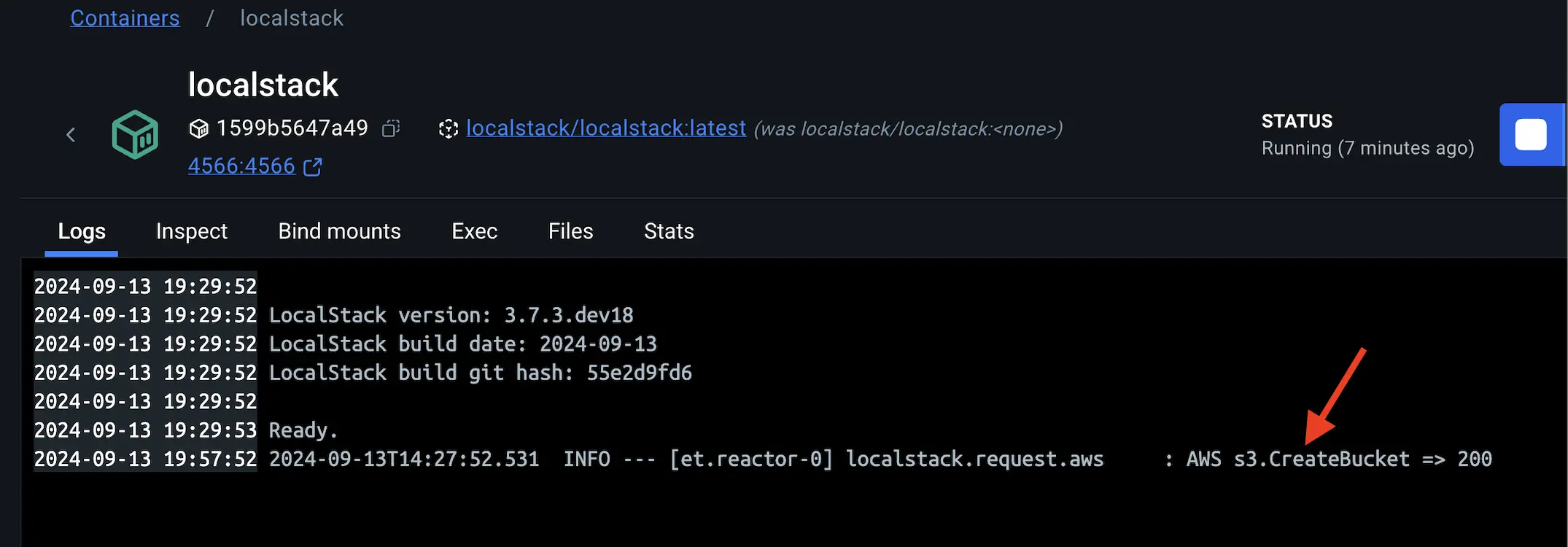 Diagramme montrant les journaux de LocalStack qui mettent en évidence la création réussie du compartiment S3