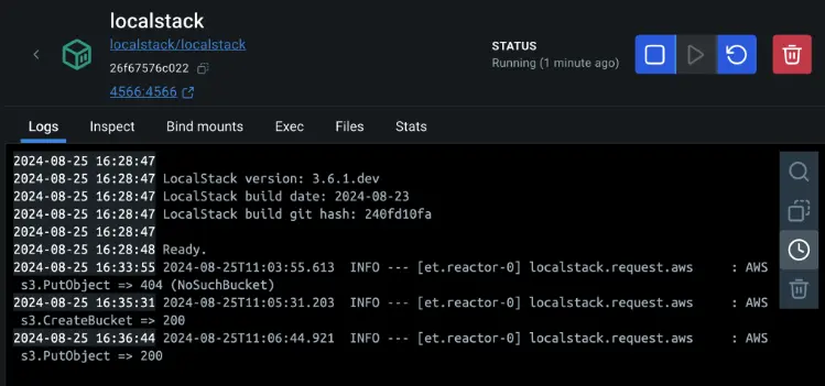 Diagramme montrant les journaux de LocalStack qui mettent en évidence l'image téléversée dans le compartiment S3 simulé
