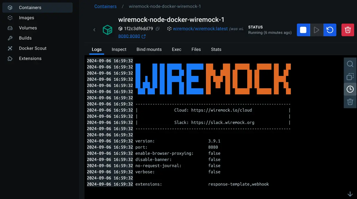 Diagramme montrant les journaux du conteneur WireMock en cours d'exécution sur Docker Desktop
