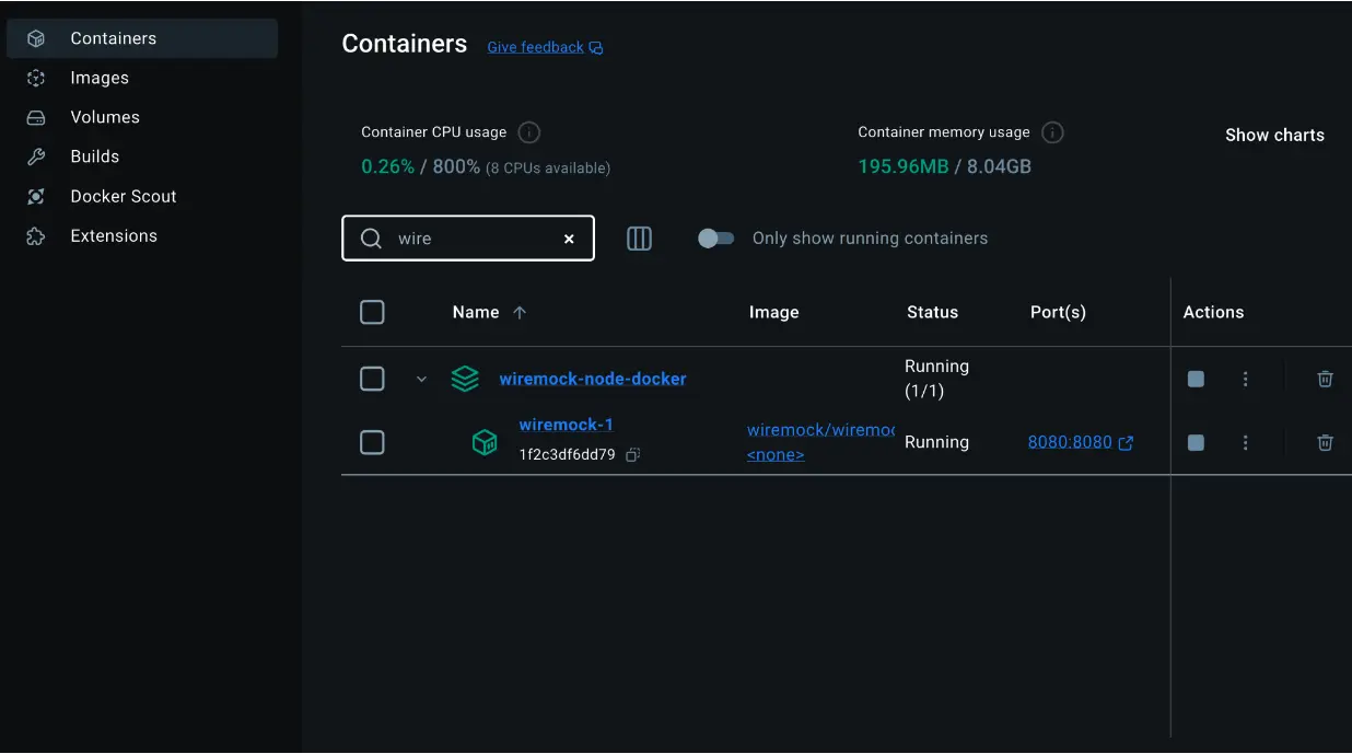Diagramme montrant le conteneur WireMock en cours d'exécution sur Docker Desktop