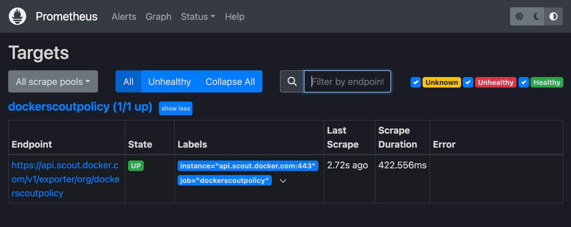 Cible de l'exportateur de métriques Docker Scout Prometheus